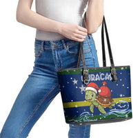 Curacao Christmas Leather Tote Bag with Santa Turtle Ocean Waves Snowflakes and Holiday Gift Design - Wonder Print Shop