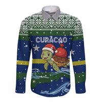 Curacao Christmas Long Sleeve Button Shirt with Santa Turtle Ocean Waves Snowflakes and Holiday Gift Design - Wonder Print Shop
