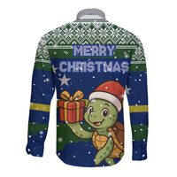 Curacao Christmas Long Sleeve Button Shirt with Santa Turtle Ocean Waves Snowflakes and Holiday Gift Design - Wonder Print Shop