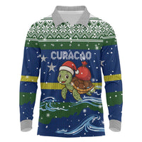 Curacao Christmas Long Sleeve Polo Shirt with Santa Turtle Ocean Waves Snowflakes and Holiday Gift Design - Wonder Print Shop