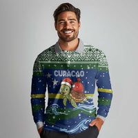 Curacao Christmas Long Sleeve Polo Shirt with Santa Turtle Ocean Waves Snowflakes and Holiday Gift Design - Wonder Print Shop