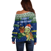 Curacao Christmas Off Shoulder Sweater with Santa Turtle Ocean Waves Snowflakes and Holiday Gift Design - Wonder Print Shop