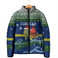 Curacao Christmas Padded Jacket with Santa Turtle Ocean Waves Snowflakes and Holiday Gift Design - Wonder Print Shop