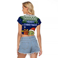 Curacao Christmas Raglan Cropped T Shirt with Santa Turtle Ocean Waves Snowflakes and Holiday Gift Design - Wonder Print Shop