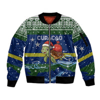 Curacao Christmas Sleeve Zip Bomber Jacket with Santa Turtle Ocean Waves Snowflakes and Holiday Gift Design - Wonder Print Shop