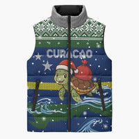 Curacao Christmas Sleeveless Puffer Jacket with Santa Turtle Ocean Waves Snowflakes and Holiday Gift Design - Wonder Print Shop