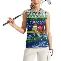 Curacao Christmas Women Sleeveless Polo Shirt with Santa Turtle Ocean Waves Snowflakes and Holiday Gift Design - Wonder Print Shop
