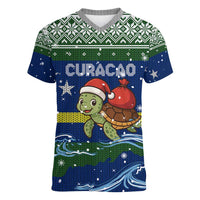 Curacao Christmas Women V-Neck T-Shirt with Santa Turtle Ocean Waves Snowflakes and Holiday Gift Design - Wonder Print Shop