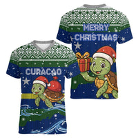 Curacao Christmas Women V-Neck T-Shirt with Santa Turtle Ocean Waves Snowflakes and Holiday Gift Design - Wonder Print Shop