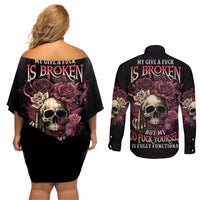 My Give A F Rose Skull Couples Matching Off Shoulder Short Dress and Long Sleeve Button Shirt - Wonder Print Shop