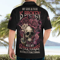 Black Hawaiian button-up shirt with full back skull, roses, and quote text