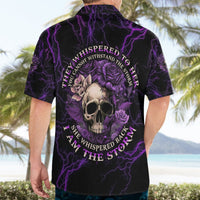 Back view Hawaiian shirt with purple lightning, centered rose skull and curved text graphic