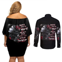 Don't Try To Figure Me Out Couples Matching Off Shoulder Short Dress and Long Sleeve Button Shirt - Wonder Print Shop