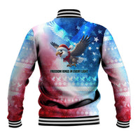 USA Christmas Baseball Jacket with Santa Eagle Red White Blue Snowflake Pattern and American Flag - Wonder Print Shop