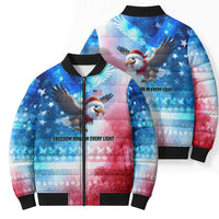 USA Christmas Bomber Puffer Jacket with Santa Eagle Red White Blue Snowflake Pattern and American Flag - Wonder Print Shop