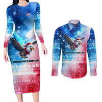 USA Christmas Couples Matching Long Sleeve Bodycon Dress and Long Sleeve Button Shirt with Santa Eagle Red White Blue Snowflake Pattern and American Flag - Wonder Print Shop