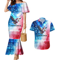 USA Christmas Couples Matching Mermaid Dress and Hawaiian Shirt with Santa Eagle Red White Blue Snowflake Pattern and American Flag - Wonder Print Shop