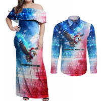 USA Christmas Couples Matching Off Shoulder Maxi Dress and Long Sleeve Button Shirt with Santa Eagle Red White Blue Snowflake Pattern and American Flag - Wonder Print Shop