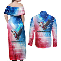 USA Christmas Couples Matching Off Shoulder Maxi Dress and Long Sleeve Button Shirt with Santa Eagle Red White Blue Snowflake Pattern and American Flag - Wonder Print Shop