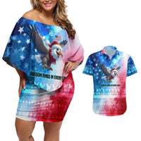 USA Christmas Couples Matching Off Shoulder Short Dress and Hawaiian Shirt with Santa Eagle Red White Blue Snowflake Pattern and American Flag - Wonder Print Shop
