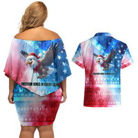 USA Christmas Couples Matching Off Shoulder Short Dress and Hawaiian Shirt with Santa Eagle Red White Blue Snowflake Pattern and American Flag - Wonder Print Shop