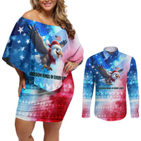 USA Christmas Couples Matching Off Shoulder Short Dress and Long Sleeve Button Shirt with Santa Eagle Red White Blue Snowflake Pattern and American Flag - Wonder Print Shop