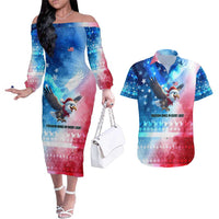 USA Christmas Couples Matching Off The Shoulder Long Sleeve Dress and Hawaiian Shirt with Santa Eagle Red White Blue Snowflake Pattern and American Flag - Wonder Print Shop