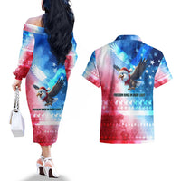USA Christmas Couples Matching Off The Shoulder Long Sleeve Dress and Hawaiian Shirt with Santa Eagle Red White Blue Snowflake Pattern and American Flag - Wonder Print Shop
