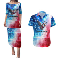 USA Christmas Couples Matching Puletasi and Hawaiian Shirt with Santa Eagle Red White Blue Snowflake Pattern and American Flag - Wonder Print Shop