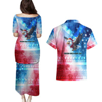 USA Christmas Couples Matching Puletasi and Hawaiian Shirt with Santa Eagle Red White Blue Snowflake Pattern and American Flag - Wonder Print Shop
