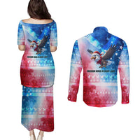 USA Christmas Couples Matching Puletasi and Long Sleeve Button Shirt with Santa Eagle Red White Blue Snowflake Pattern and American Flag - Wonder Print Shop