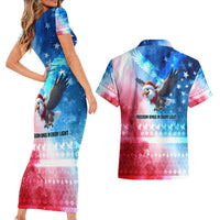 USA Christmas Couples Matching Short Sleeve Bodycon Dress and Hawaiian Shirt with Santa Eagle Red White Blue Snowflake Pattern and American Flag - Wonder Print Shop