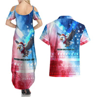USA Christmas Couples Matching Summer Maxi Dress and Hawaiian Shirt with Santa Eagle Red White Blue Snowflake Pattern and American Flag - Wonder Print Shop