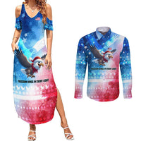 USA Christmas Couples Matching Summer Maxi Dress and Long Sleeve Button Shirt with Santa Eagle Red White Blue Snowflake Pattern and American Flag - Wonder Print Shop