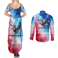 USA Christmas Couples Matching Summer Maxi Dress and Long Sleeve Button Shirt with Santa Eagle Red White Blue Snowflake Pattern and American Flag - Wonder Print Shop