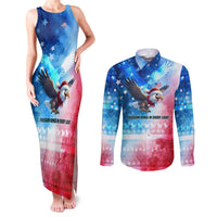 USA Christmas Couples Matching Tank Maxi Dress and Long Sleeve Button Shirt with Santa Eagle Red White Blue Snowflake Pattern and American Flag - Wonder Print Shop