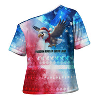 USA Christmas Cross Shoulder Shirt with Santa Eagle Red White Blue Snowflake Pattern and American Flag - Wonder Print Shop