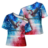 USA Christmas Cross Shoulder Shirt with Santa Eagle Red White Blue Snowflake Pattern and American Flag - Wonder Print Shop