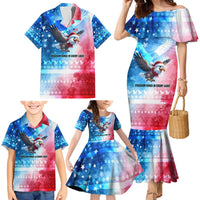 USA Christmas Family Matching Mermaid Dress and Hawaiian Shirt with Santa Eagle Red White Blue Snowflake Pattern and American Flag - Wonder Print Shop