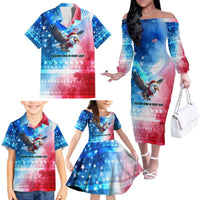 USA Christmas Family Matching Off The Shoulder Long Sleeve Dress and Hawaiian Shirt with Santa Eagle Red White Blue Snowflake Pattern and American Flag - Wonder Print Shop