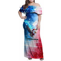 USA Christmas Family Matching Off Shoulder Maxi Dress and Hawaiian Shirt with Santa Eagle Red White Blue Snowflake Pattern and American Flag - Wonder Print Shop