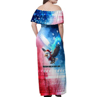 USA Christmas Family Matching Off Shoulder Maxi Dress and Hawaiian Shirt with Santa Eagle Red White Blue Snowflake Pattern and American Flag - Wonder Print Shop