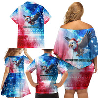 USA Christmas Family Matching Off Shoulder Short Dress and Hawaiian Shirt with Santa Eagle Red White Blue Snowflake Pattern and American Flag - Wonder Print Shop