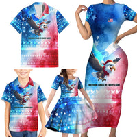 USA Christmas Family Matching Short Sleeve Bodycon Dress and Hawaiian Shirt with Santa Eagle Red White Blue Snowflake Pattern and American Flag - Wonder Print Shop