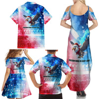 USA Christmas Family Matching Summer Maxi Dress and Hawaiian Shirt with Santa Eagle Red White Blue Snowflake Pattern and American Flag - Wonder Print Shop
