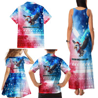 USA Christmas Family Matching Tank Maxi Dress and Hawaiian Shirt with Santa Eagle Red White Blue Snowflake Pattern and American Flag - Wonder Print Shop