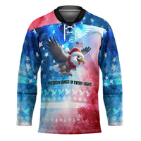 USA Christmas Hockey Jersey with Santa Eagle Red White Blue Snowflake Pattern and American Flag - Wonder Print Shop