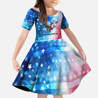 USA Christmas Kid Short Sleeve Dress with Santa Eagle Red White Blue Snowflake Pattern and American Flag - Wonder Print Shop