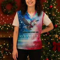 USA Christmas Knitted V-Neck Vest with Santa Eagle Red White Blue Snowflake Pattern and American Flag - Wonder Print Shop