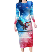 USA Christmas Long Sleeve Bodycon Dress with Santa Eagle Red White Blue Snowflake Pattern and American Flag - Wonder Print Shop
